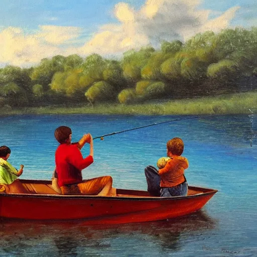 Image similar to A dad with his 3 sons in a boat, the dad is fishing, underwater there is a fish with his 3 sons, oil on canevas