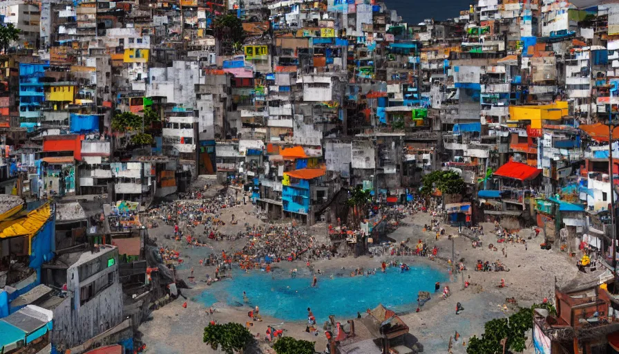 Image similar to favelas in rio, music dancing, locals, nightlife, hustlers and street - walkers, beach ocean fun octane render unreal 5, by piet mondrian