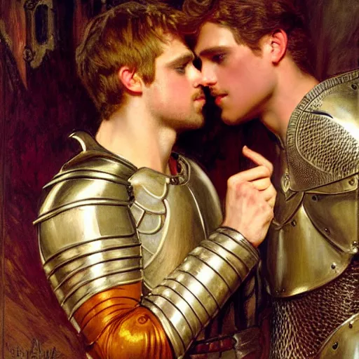 Image similar to attractive fully clothed arthur pendragon confesses his love for his attractive fully clothed male knight. highly detailed painting by gaston bussiere and j. c. leyendecker 8 k