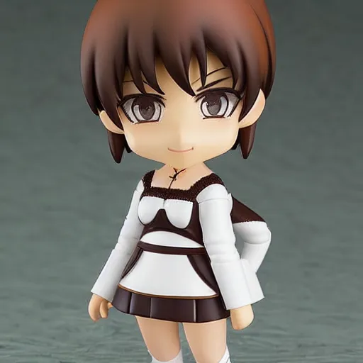 Image similar to nendoroid of a white girl with brown short hair, brown eyes, thick eyebrows