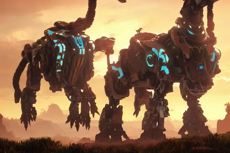 Image similar to tallneck machine mecha animal beast robot of horizon forbidden west horizon zero dawn bioluminiscence global illumination ray tracing hdr fanart arstation by sung choi and eric pfeiffer and gabriel garza and casper konefal