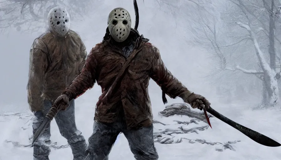 Prompt: jason voorhees in the snow with a bloody axe, hyperdetailed, artstation, cgsociety, 8 k