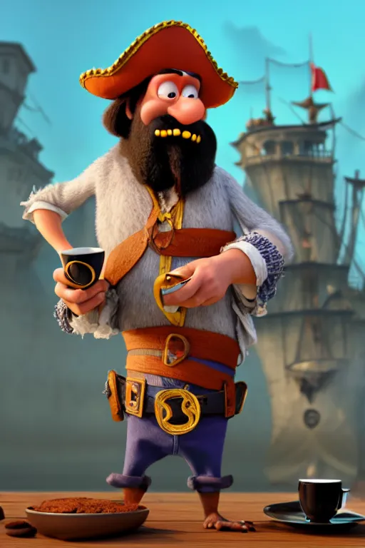 Prompt: portrait of the pirate blackbeard holding a cup of coffee, full body with a pirate ship on background. pixar disney 4 k 3 d render funny animation movie oscar winning trending on artstation and behance. ratatouille style.