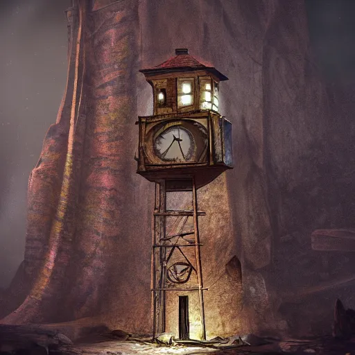 Prompt: an abandoned old rusty clocktower in a dark enormous cave dream photography, painting, perfectly balanced light, digital art, unreal engine, trending on artstation,