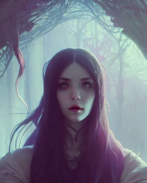 Image similar to highly detailed vfx portrait of a beautiful vampire girl, wonderful eyes, three - dimensional rendering, unreal engine, alexey gurylev, greg rutkowski, loish, rads, beeple, makoto shinkai and lois van baerle, rossdraws, tom bagshaw, alphonse mucha, global lighting, detailed and complex environment