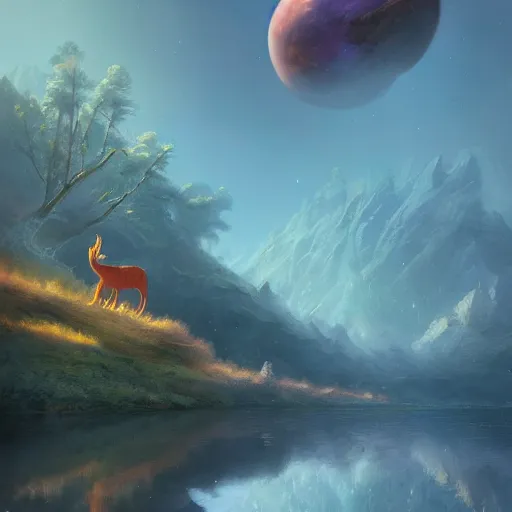 Image similar to Astronauts and some mythical animals are resting to the side of a reflecting lake, this is a surface of a planet with wacky wildlife, some planets and nebulas are as background, by Jordan Grimmer digital art, trending on Artstation,