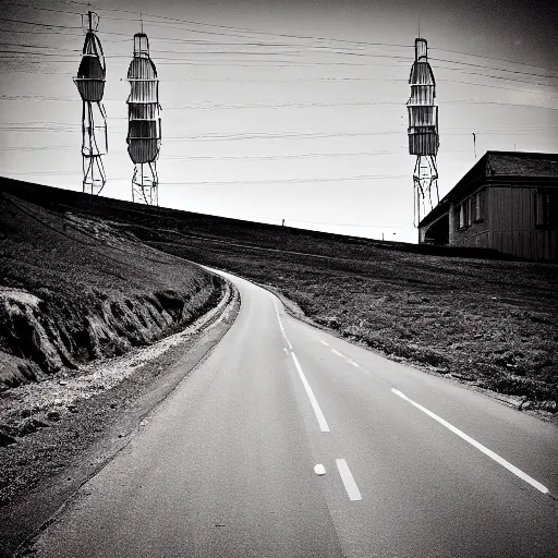 Image similar to a road next to warehouses, and a hill behind it with a radio tower on top, disposable camera effect