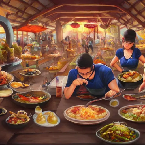 Image similar to artwork of a food feast, by rossdraws, matte painting, trending on artstation, gopro pov