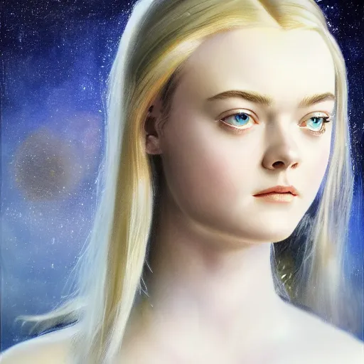 Image similar to ultra realistic medium shot head and shoulders masterpiece portrait painting of elle fanning in halo 2, cosmic horror, artstation, art by frank frazetta, 4 k, ultra realistic, highly detailed, epic lighting