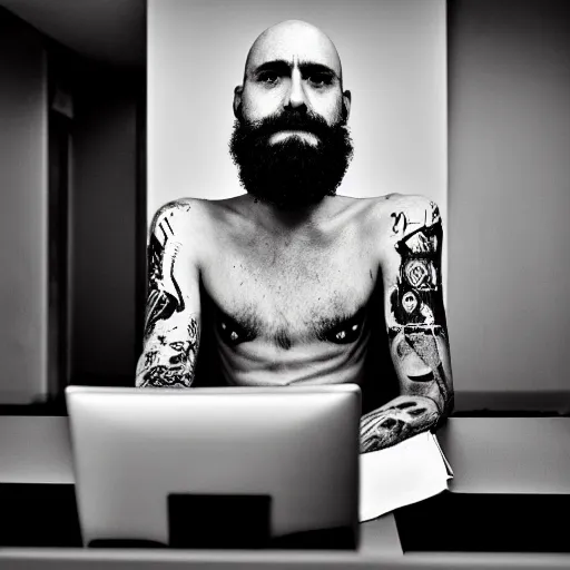 Prompt: dystopian photo of a skinny, bald, middle aged man with a closely cropped beard, skin tattoos, he is sitting at a desk with a pc in a dark room, atmospheric, blackness, glowing screen, crisp detail, medium distance, office cubicles, dramatic lighting, f / 3. 2 3 5 mm photo by paolo pellegrin