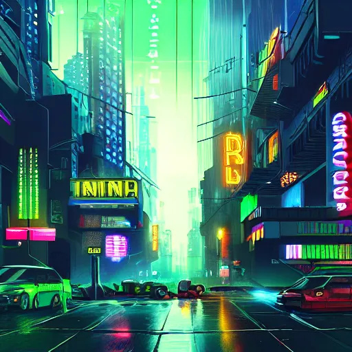 Image similar to sci-fi cyberpunk city street, billboards, neon holograms, neon signs, rainy night, dramatic lighting, cinematic, establishing shot, extremely high detail, photo realistic