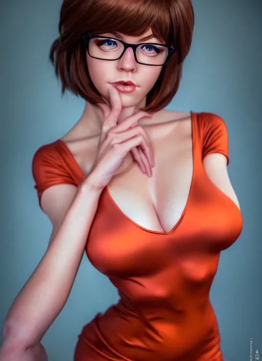 Image similar to photo of velma, professionally retouched, soft lighting, realistic, smooth face, full body shot, torso, dress, perfect eyes, sharp focus on eyes, 8 k, high definition, insanely detailed, intricate, elegant, art by artgerm and j scott campbell