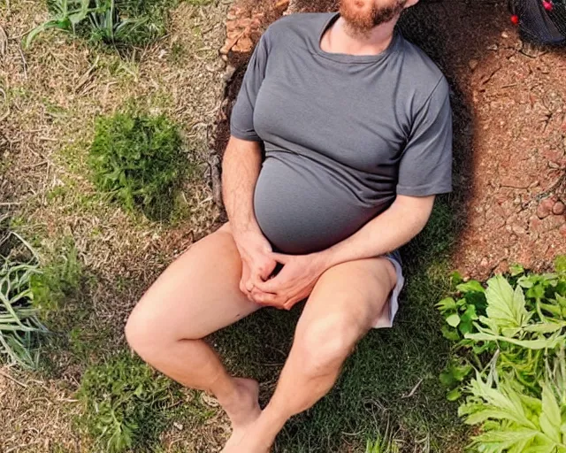 Prompt: mr robert smoke weed and meditate in the garden, near the campfire, he has dark grey hairs, detailed glad face, muscular chest, pregnant belly, golden hour closeup photo, red elegant shirt, eyes wide open, ymmm and that smell