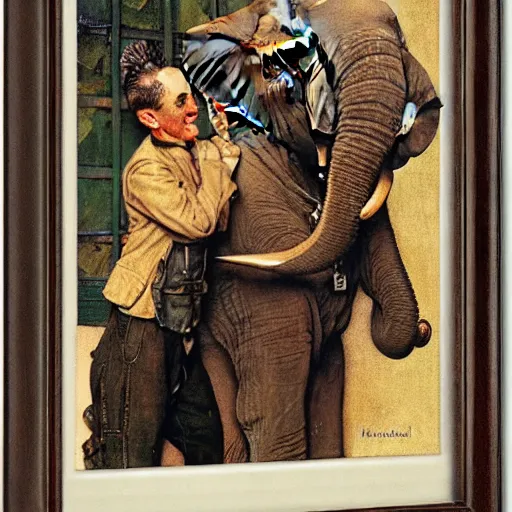 Prompt: An Aviator with a elephant at his head , art by Norman Rockwell