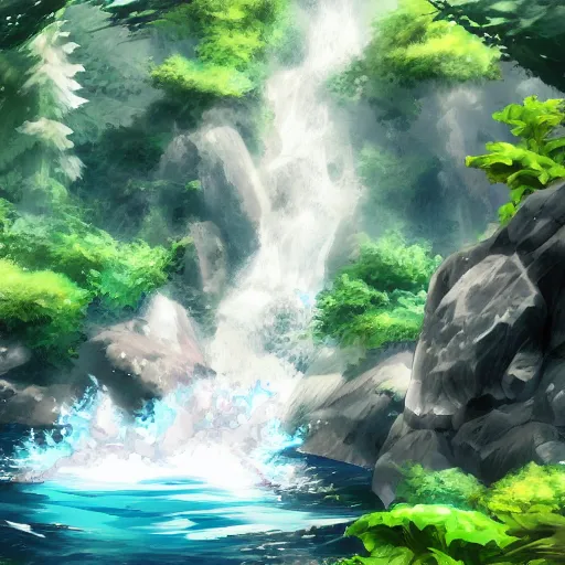 Prompt: waterfall in the wild, with anime character floating over the waterfall, trending on artstation, eiichiro oda style