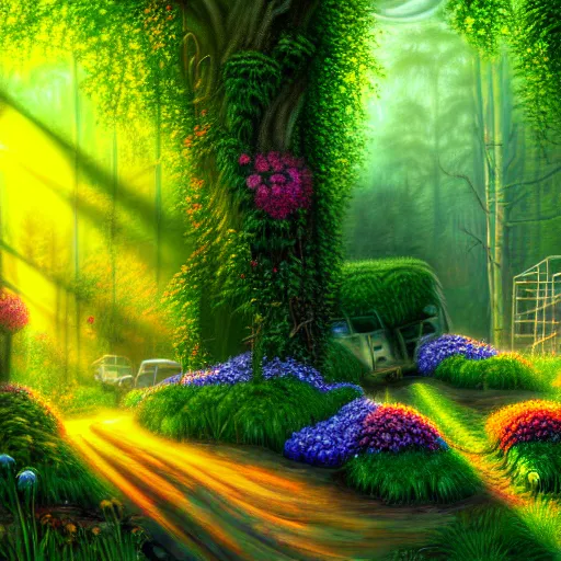 Image similar to A painting of a junk yard in the forest overgrown, with some pretty colorful flowers and ivy, sunrise with sun rays through the trees, detailed, realistic digital art,