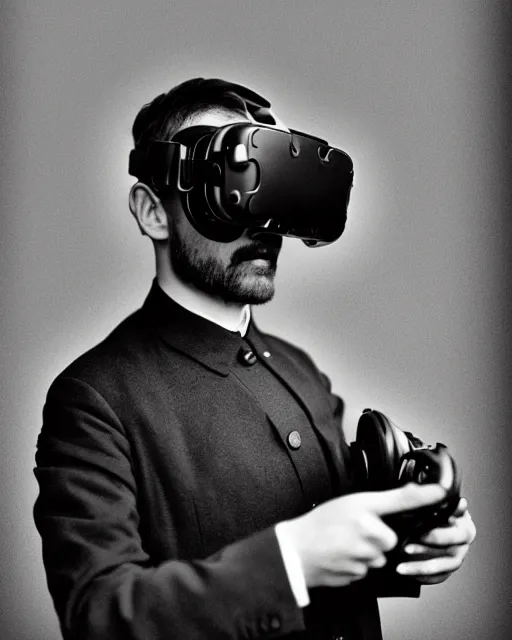 Image similar to 1 9 0 0 s photo of a person wearing a vr virtual reality headset