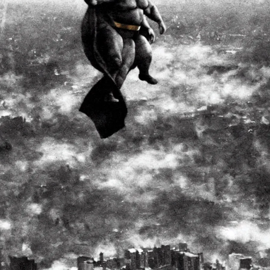 Prompt: “Close-up of very fat, very old, and bald Superman flying over destroyed city. Newspaper photo.”