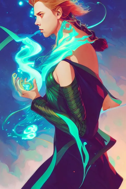 Prompt: style artgerm, joshua middleton, illustration, scarlett johansson as mage wearing green pelt light armor, anime eyes, blue hair, swirling water cosmos, fantasy, dnd, cinematic lighting