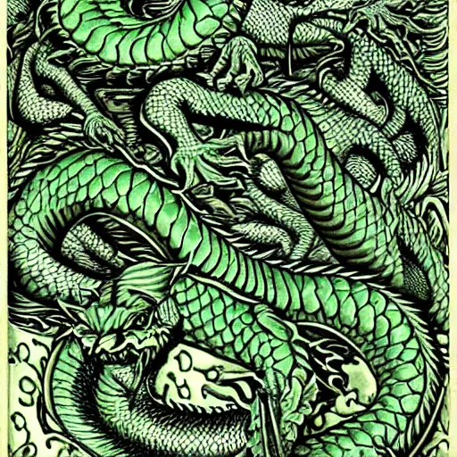 Prompt: green dragon surrounded by rose pattern, by mc escher, intricate, elegant