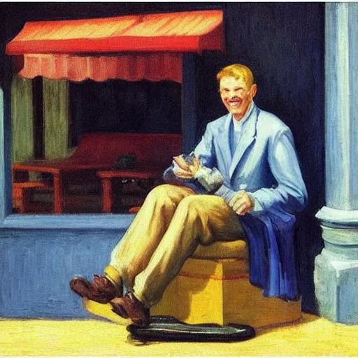 Prompt: “ here ’ s a man with a smile like god ’ s shoeshine by edward hopper and gogh ”