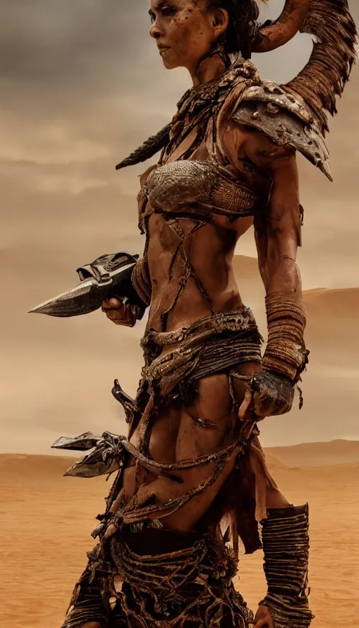 Image similar to solo ancient tribewoman standing against army, partially destroyed armor inspired monster hunter, low shot camera, muscular, symmetrical face, clean face, subtle make up, dramatic lighting, cinematic, establishing shot, extremely high detail, photorealistic, 300 the movie,monster hunter the movie, dune the movie, cinematic lighting, artstation, octane render, western,old photo, vintage, dust and destruction happening around her, freeze time