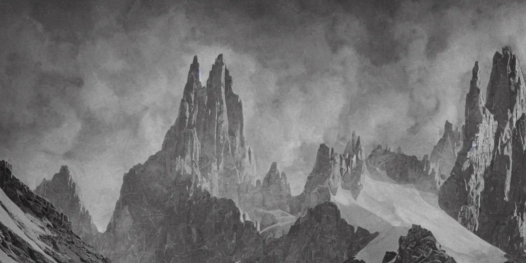 Image similar to 1920s photography of the king god of the dolomites, occult signs, witch burning, pyre, solstice fire, alp, dolomites, alpine, detailed intricate insanely detailed octane render, 8k artistic 1920s photography, photorealistic, black and white, chiaroscuro, hd, by David Cronenberg, Raphael, Caravaggio