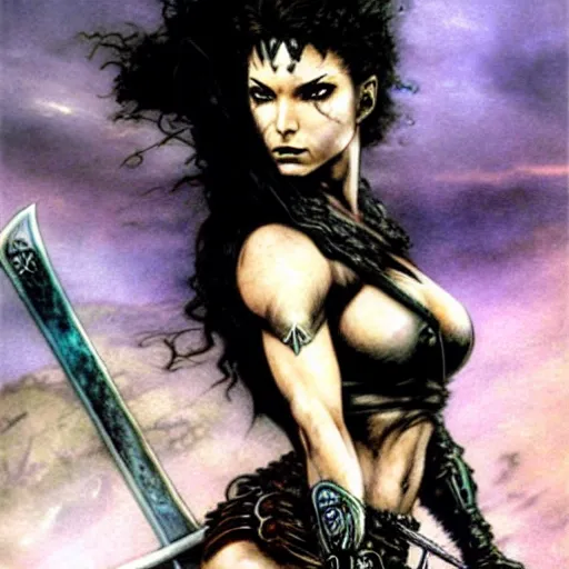 Image similar to female warrior, curly black hair, sword, cinematic, by luis royo, by frank frazetta