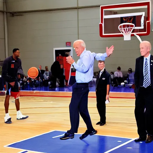 Prompt: joe Biden plying basketball performing a slam dunk