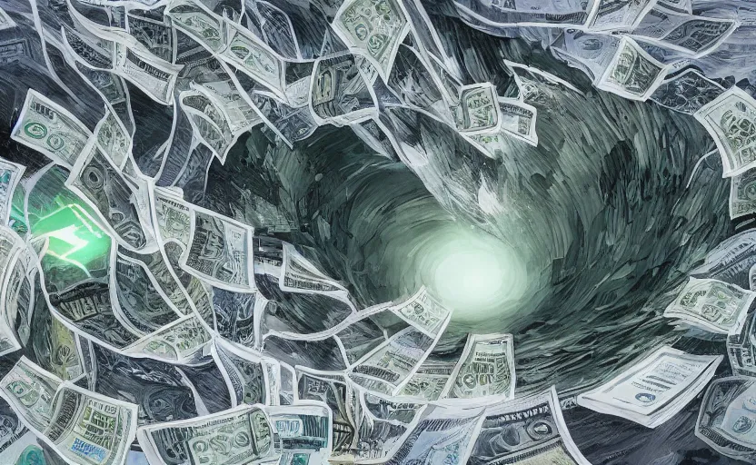 Image similar to A tornado made of cash and Ethereum, landscape art, concept art, intense