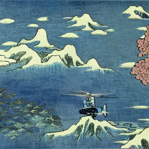 Prompt: A helicopter, fusion of Monet and Hokusai