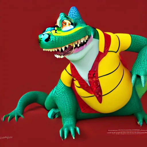 Image similar to in the style of artgerm and disney, 3 d render, anthropomorphic alligator, red scales on his back, yellow scale on his belly and chest, male, waring a hawaiian shirt, in the style of zootopia, hd, 4 k, high definition background