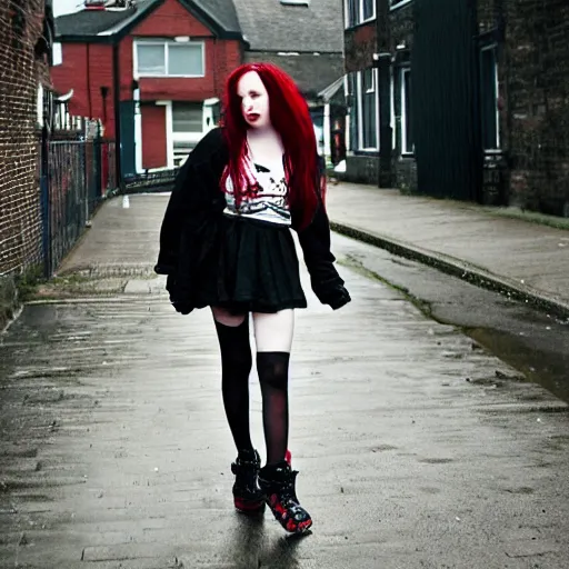 Prompt: a pale emo girl, messy black / red hair, british street background, overcast weather, 2 0 0 6