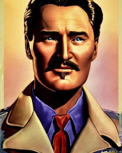 Image similar to Errol Flynn as a scientist. 1980s dystopian Soviet Russia, propaganda screens. Unreal engine, fantasy art by Ignacio Bazan-Lazcano. Faithfully depicted facial expression, perfect anatomy global illumination, radiant light, detailed and intricate environment