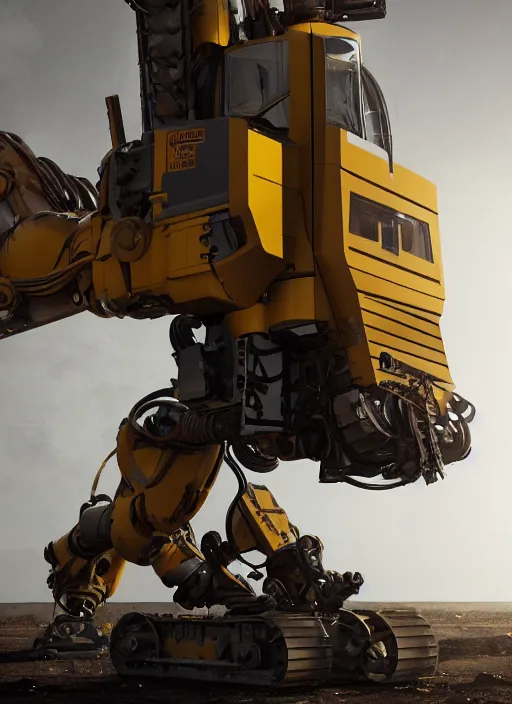 Image similar to a photorealistic dramatic hyperrealistic render of a futuristic exosuit power excavator heavy machinery, ultra realistic details, glossy yellow, well worn, rust, oil stains by vitaly bulgarov and mike nash, beautiful dramatic dark moody tones and lighting, cinematic atmosphere, studio lighting, global illumination, shadows, dark background, octane render, 8 k