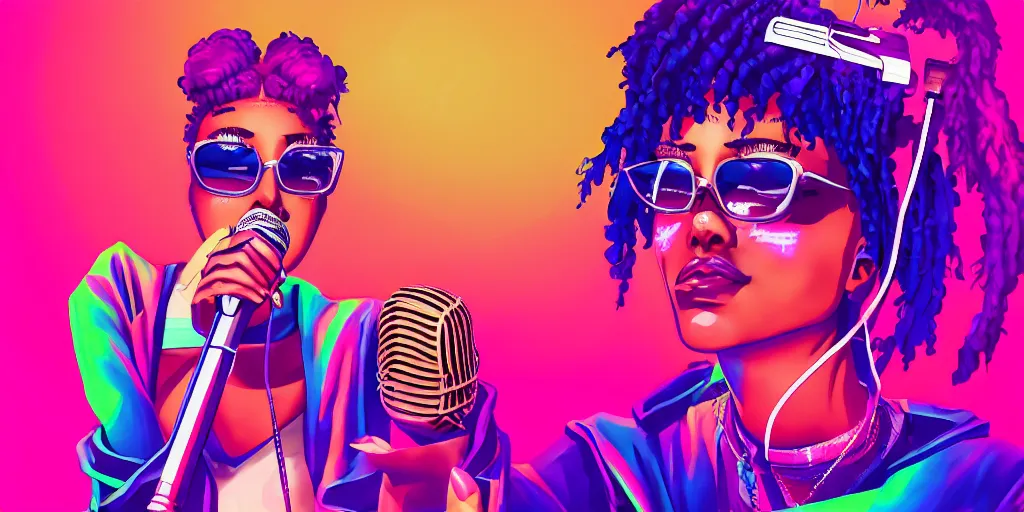 Image similar to lady rapper performing at huge festival holding microphone, epic pose, digital art, vaporwave, psychedelic, surreal, hip hop, trending on Artstation, professional artist, detailed, 4k