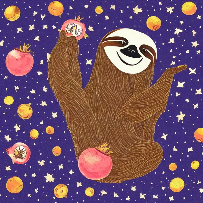 Prompt: sloth enjoying a pomegranate floating though space, starry background, surreal, dark, in the style of picasso