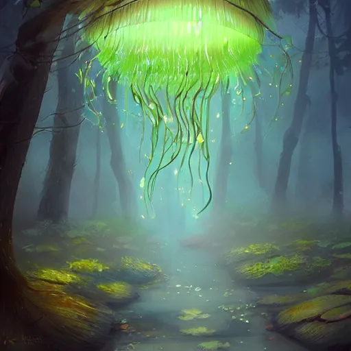 Image similar to a magical forest filled with floating glowing jellyfish, concept art, digital painting, deviantart, artstation