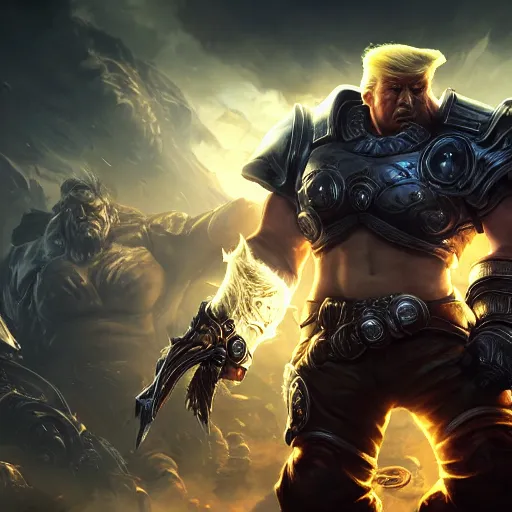 Image similar to Portrait of Trump, League of Legends amazing splashscreen artwork, Gears of War, splash art,natural light, elegant, photorealistic facial features, intricate, fantasy, detailed face, atmospheric lighting, anamorphic lens flare, cinematic lighting, league of legends splash art, hd wallpaper, ultra high details by Greg rutkowski