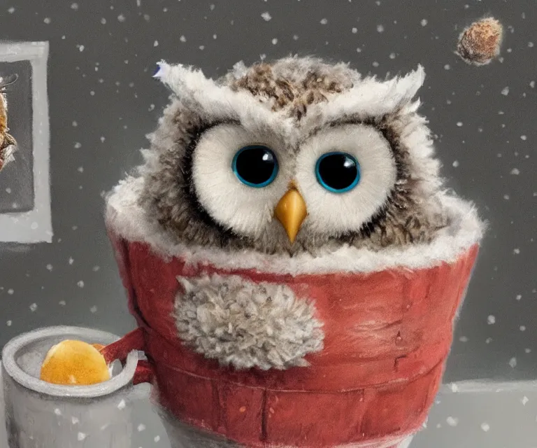 Image similar to a qr code pointing to the youtube website! dream long shot of a very cute owl chick nesting in a very cozy cup on the window of a smiling toddler, esao andrews, humorous illustration, hyperrealistic, big depth of field, warm colors, night scenery, low light, 3 d octane render, 4 k, conceptart, hyperdetailed, hyperrealistic, trending on artstation