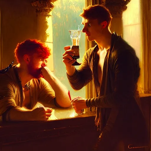 Image similar to attractive male mike with ginger hair and attractive male tyler with brunet hair, drinking their hearts out, in their noble mansion, at night. highly detailed painting by gaston bussiere, craig mullins, donato giancola, j. c. leyendecker 8 k