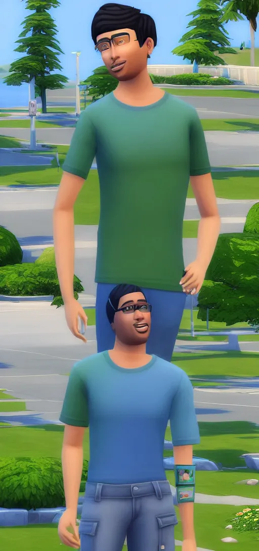 Image similar to full body image of a Sim from the Sims 4 in a blue tee shirt, green cargo pants and sneakers