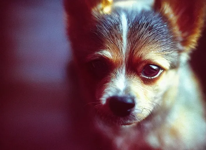 Prompt: a extreme close - up photo, color studio photographic portrait of a little dog, dramatic backlighting, 1 9 7 3 photo from life magazine,