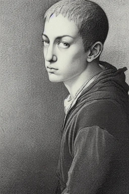 Prompt: portrait of eminem, Gustave Dore lithography