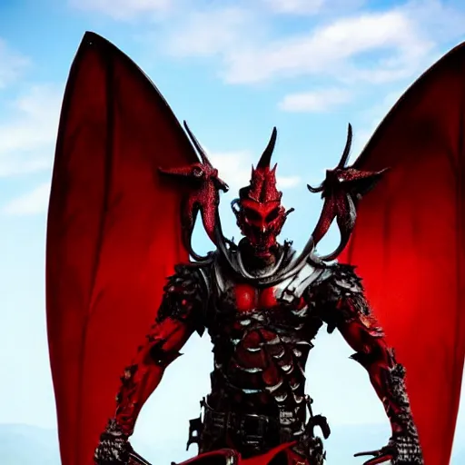 Image similar to am a man devil in armor made of iron and dragon bones, with hellish big beautiful red devil wings, height detailed body elements, against the background of mountains, ocean, battlefield