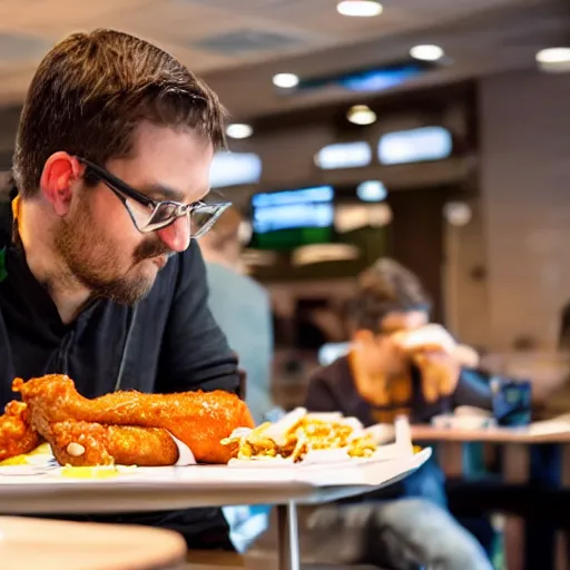 Prompt: An engineer eating hot wings in a cafeteria, Realistic photograph