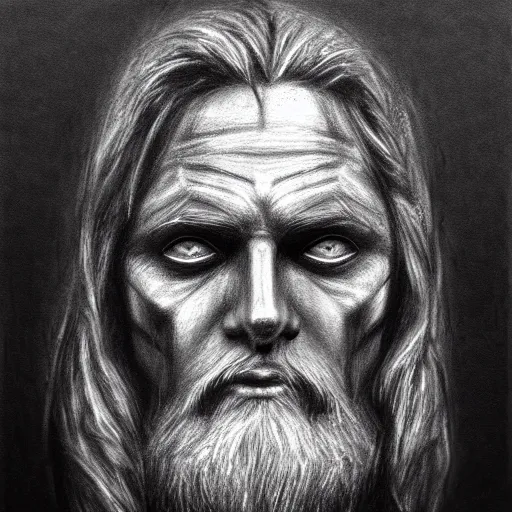 Image similar to Odin missing eye, charcoal portrait, artstation, fine-detailed