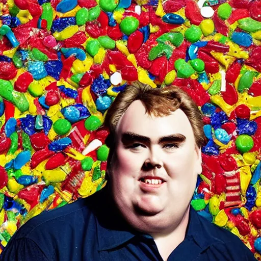 Prompt: a portrait of of john candy constructed from candy, collage, drop shadow, organic, layered composition, layers, texture, mcu, petals, highly textured, layered, sculpted, dynamic,