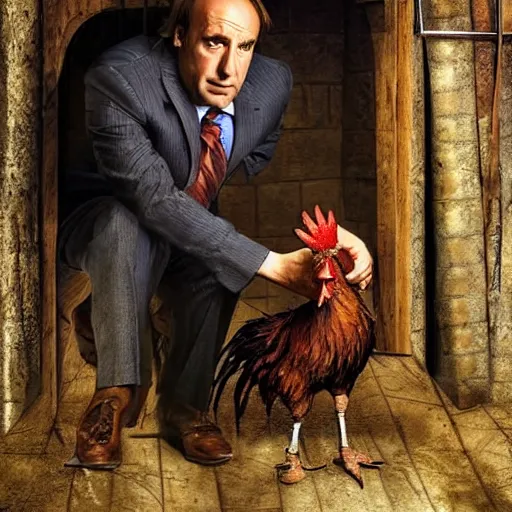 Image similar to saul goodman and a rooster in a medieval torture chamber, saw blades and knives in the background, horror movie, saul goodman, rooster, real life photo, detailed face