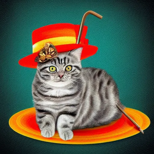 Image similar to cute cat with a straw hat and a pitchfork digital art